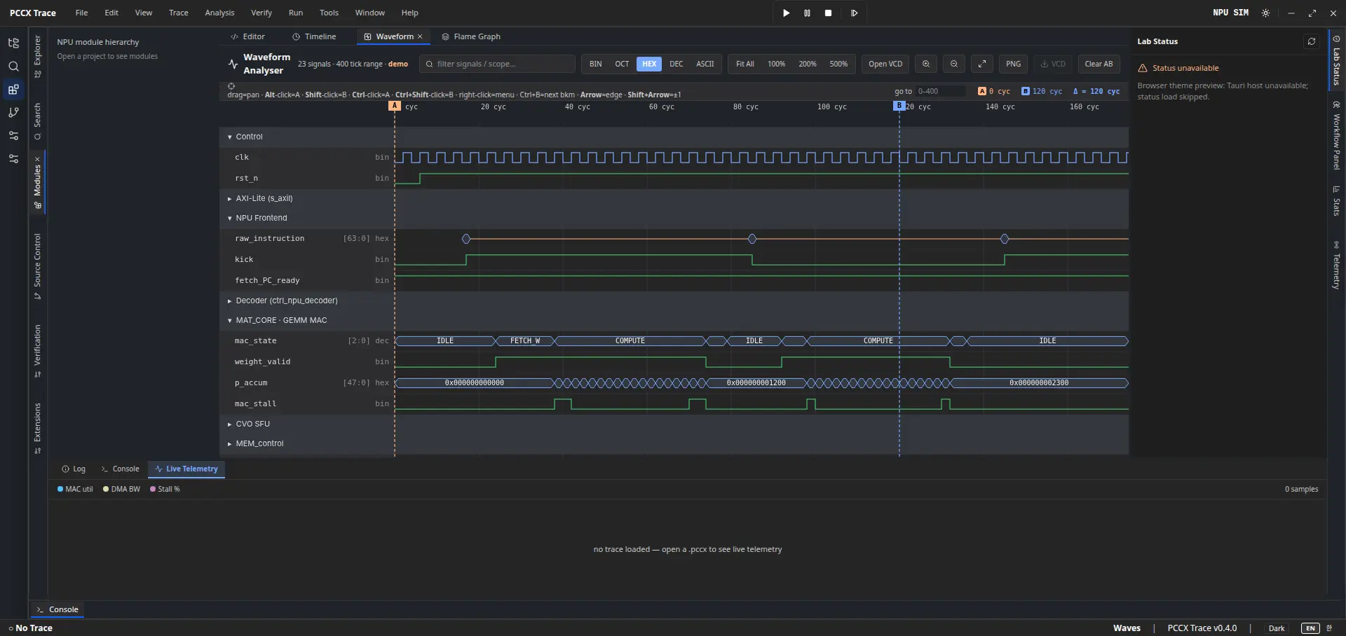 PCCX Trace waveform analyser workbench with module hierarchy, control lanes, NPU frontend lanes, GEMM MAC state, cursor markers, lab status, and live telemetry.